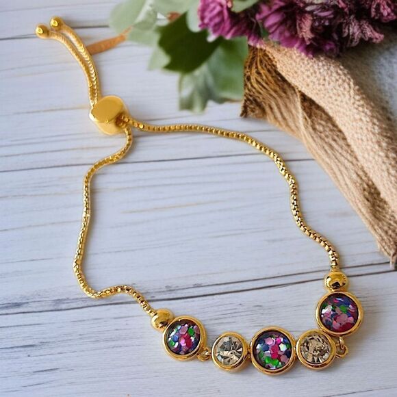 Rhinestone Bolo Bracelet Adjustable Bezel Set Confetti Gold Tone Multi Color - Picture 15 of 16